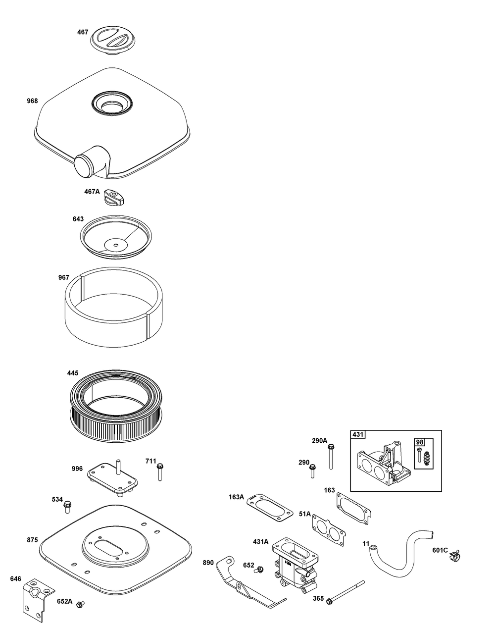Air Cleaner Group Diagram and Parts List for 540477-2221-G1 400000 - 699999 Briggs and Stratton Engine